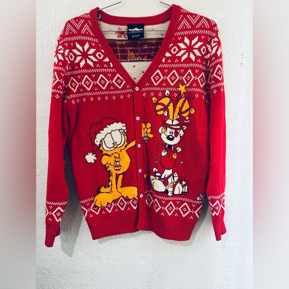 Garfield and Odie Christmas Ugly Sweater Adults Button-Up Knit Cardigan L